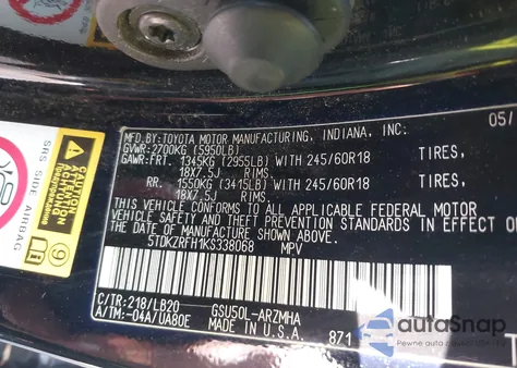 2019 Toyota Highlander Xle из США, поврежденный, VIN 5TDKZRFH1KS338068